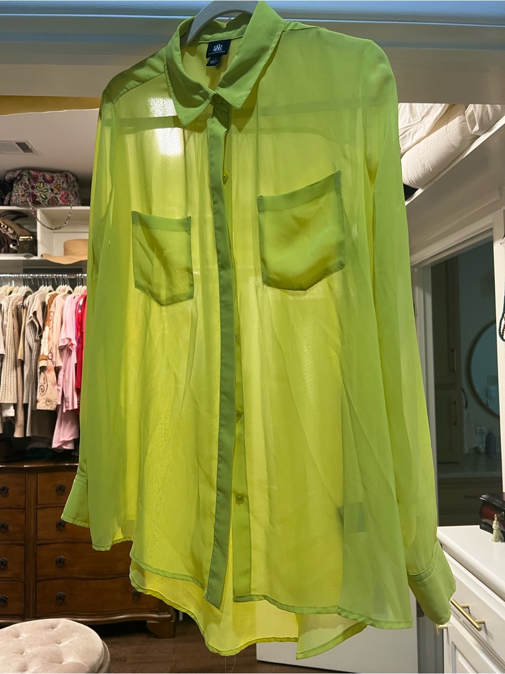 Rock & Republic Sheer Neon Lime Button-Front Blouse